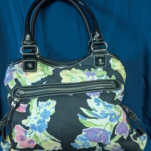 Chaps Ralph Lauren Floral Tapestry Satchel with Black Patent Leather Trim